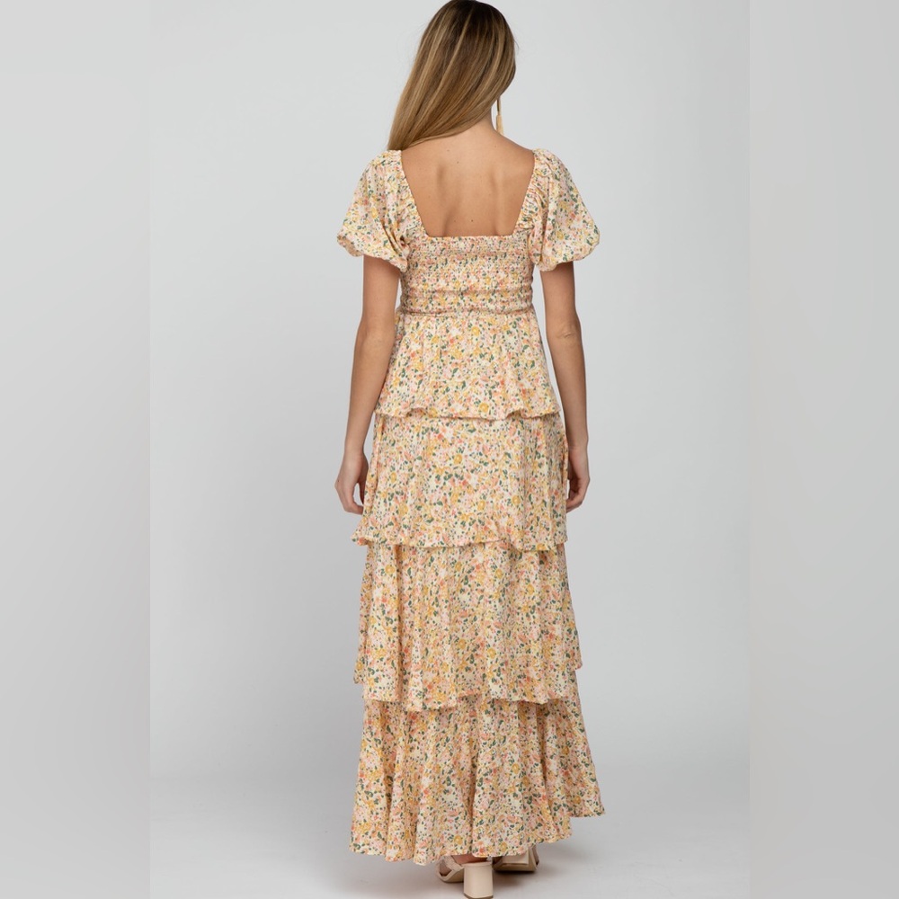 NWHT SOLD OUT PINKBLUSH Yellow Floral Square Neck Ruffle Layered Maternity Maxi - Picture 6 of 11